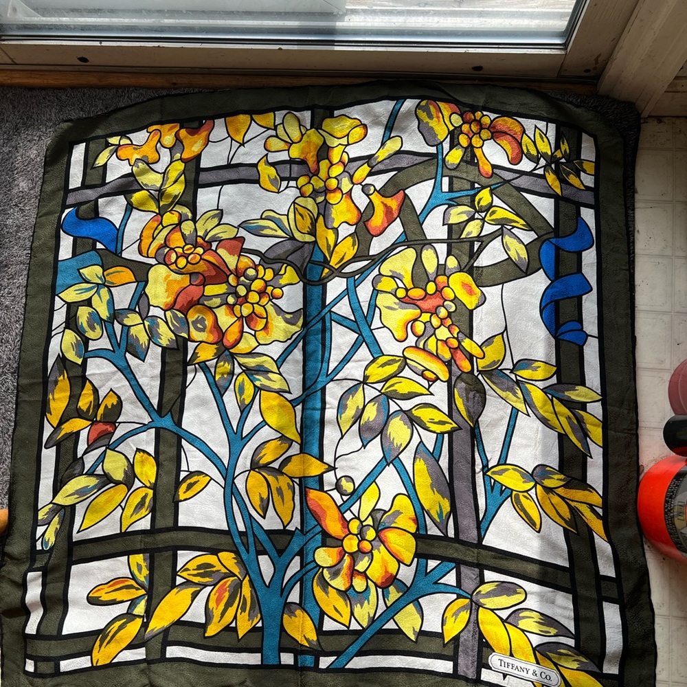Tiffany & Co. 100% Silk Scarf with Yellow & Blue Leaf Design. Hand rolled edges